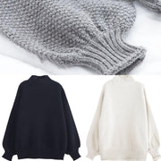 For Work gray knitwear plus size clothing high neck lantern sleeve knitted t shirt - SooLinen