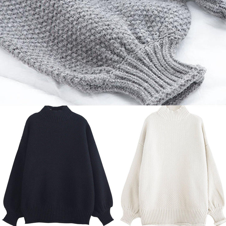 For Work gray knitwear plus size clothing high neck lantern sleeve knitted t shirt - SooLinen