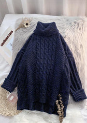 For Work navy clothes asymmetric hem oversized high neck knit tops - SooLinen