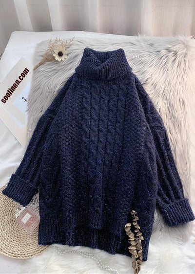 For Work navy clothes asymmetric hem oversized high neck knit tops - SooLinen