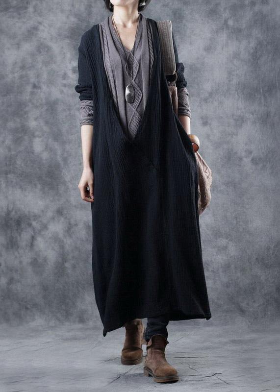 For Work patchwork Sweater v neck outfits Largo black DIY knit dress - SooLinen