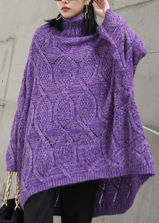 For Work purple clothes For Women high neck low high design oversize knitwear - SooLinen