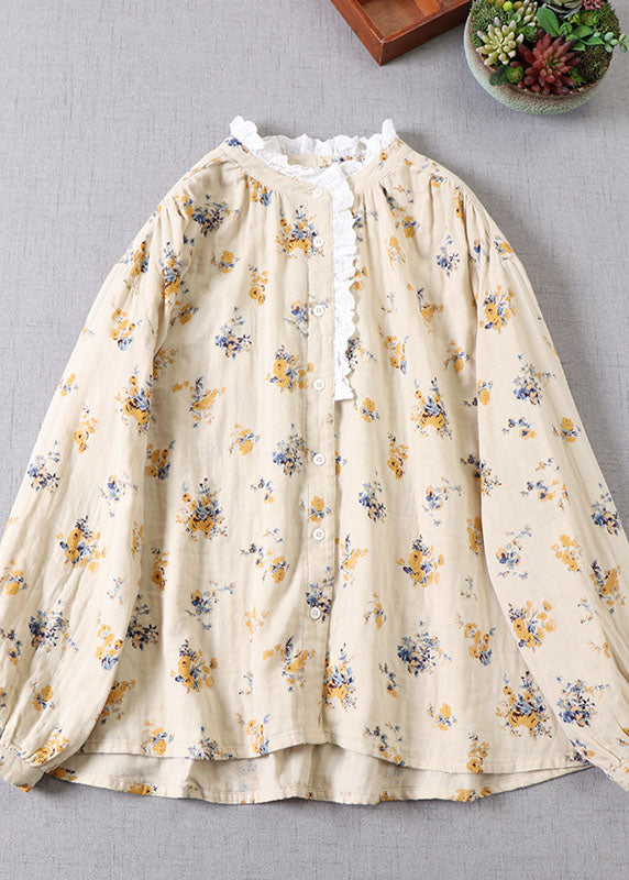 French Apricot Yellow Print Baumwollblusen mit langen Ärmeln