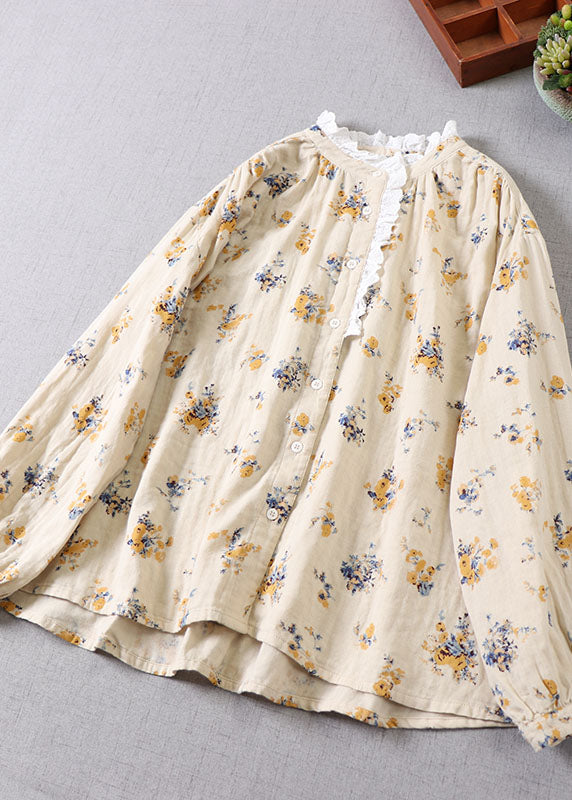 French Apricot Yellow Print Baumwollblusen mit langen Ärmeln