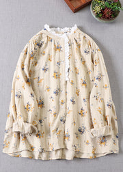 French Apricot Yellow Print Baumwollblusen mit langen Ärmeln
