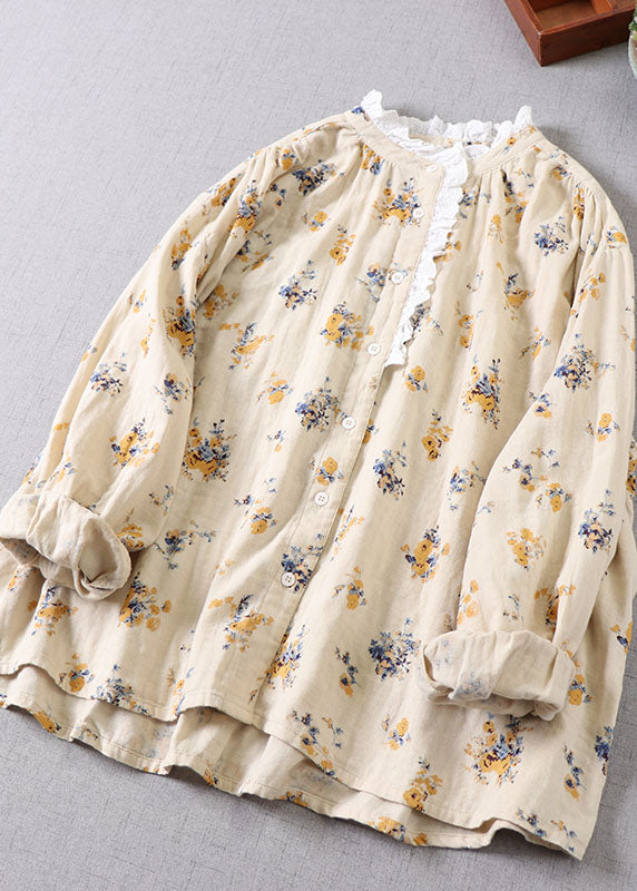 French Apricot Yellow Print Baumwollblusen mit langen Ärmeln