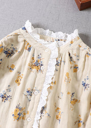 French Apricot Yellow Print Baumwollblusen mit langen Ärmeln