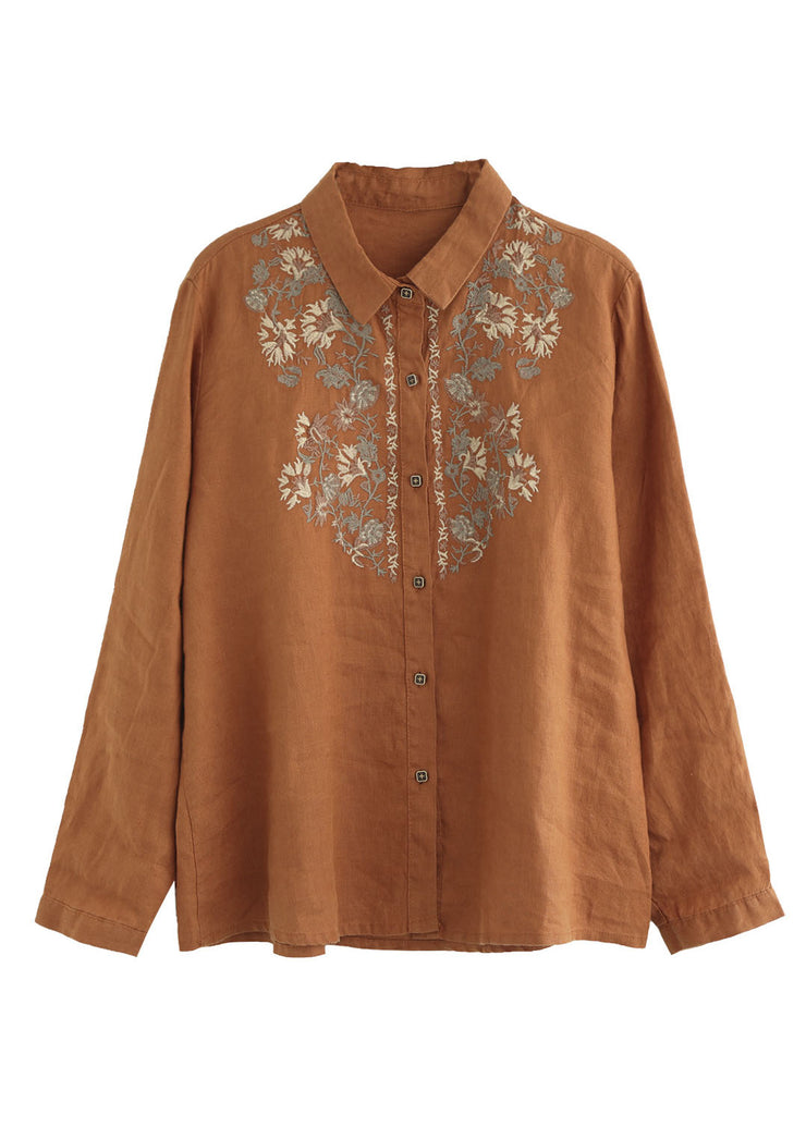 French Beige Peter Pan Collar Embroideried Linen Shirt Tops Spring
