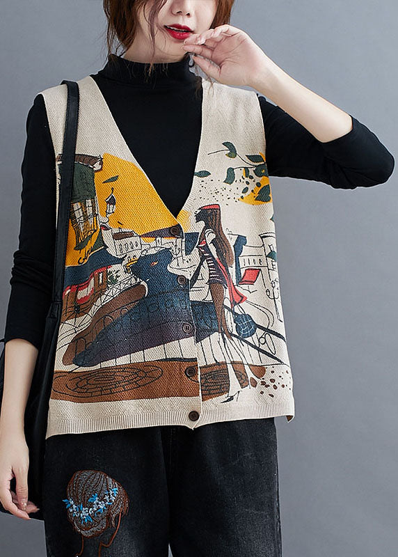 French Beige V Neck Button Print Fall Sleeveless Knit Vest