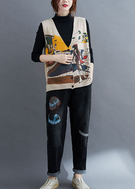 French Beige V Neck Button Print Fall Sleeveless Knit Vest