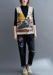 French Beige V Neck Button Print Fall Sleeveless Knit Vest