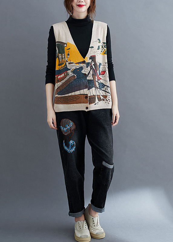 French Beige V Neck Button Print Fall Sleeveless Knit Vest