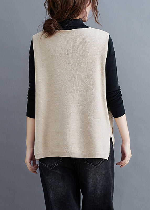 French Beige V Neck Button Print Fall Sleeveless Knit Vest