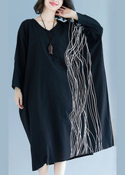 French Black Bat Wing Sleeve V Neck Print Patchwork Fall Maxi Dress