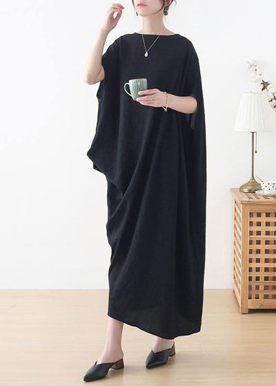 French Black Batwing Sleeve Summer Linen Dress - SooLinen