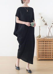French Black Batwing Sleeve Summer Linen Dress - SooLinen