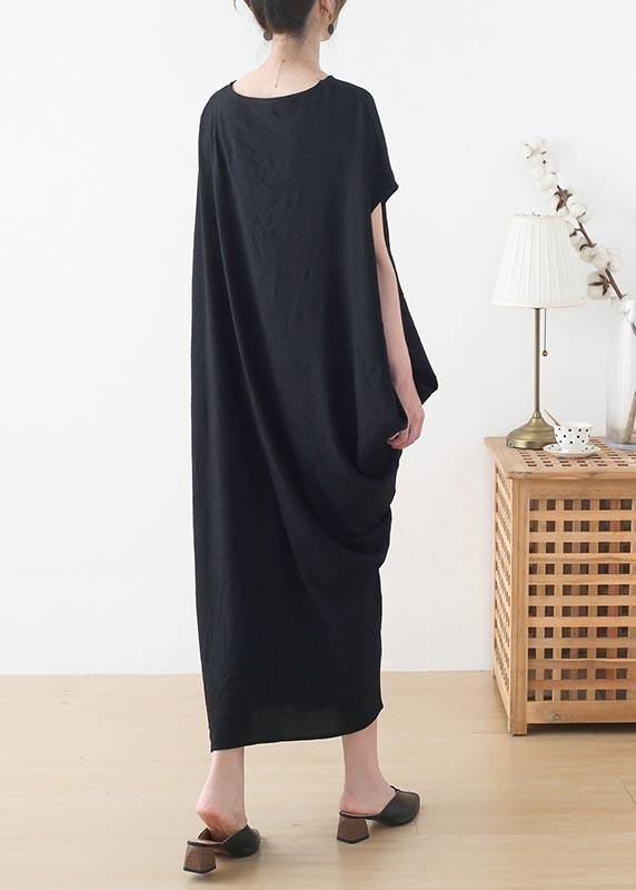 French Black Batwing Sleeve Summer Linen Dress - SooLinen
