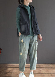 French Black Denim hooded Patchwork Fall Waistcoat Sleeveless - SooLinen