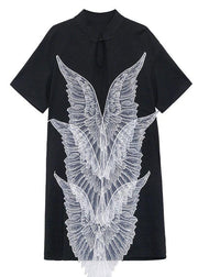French Black Oriental Appliques Shift Dresses Summer - SooLinen
