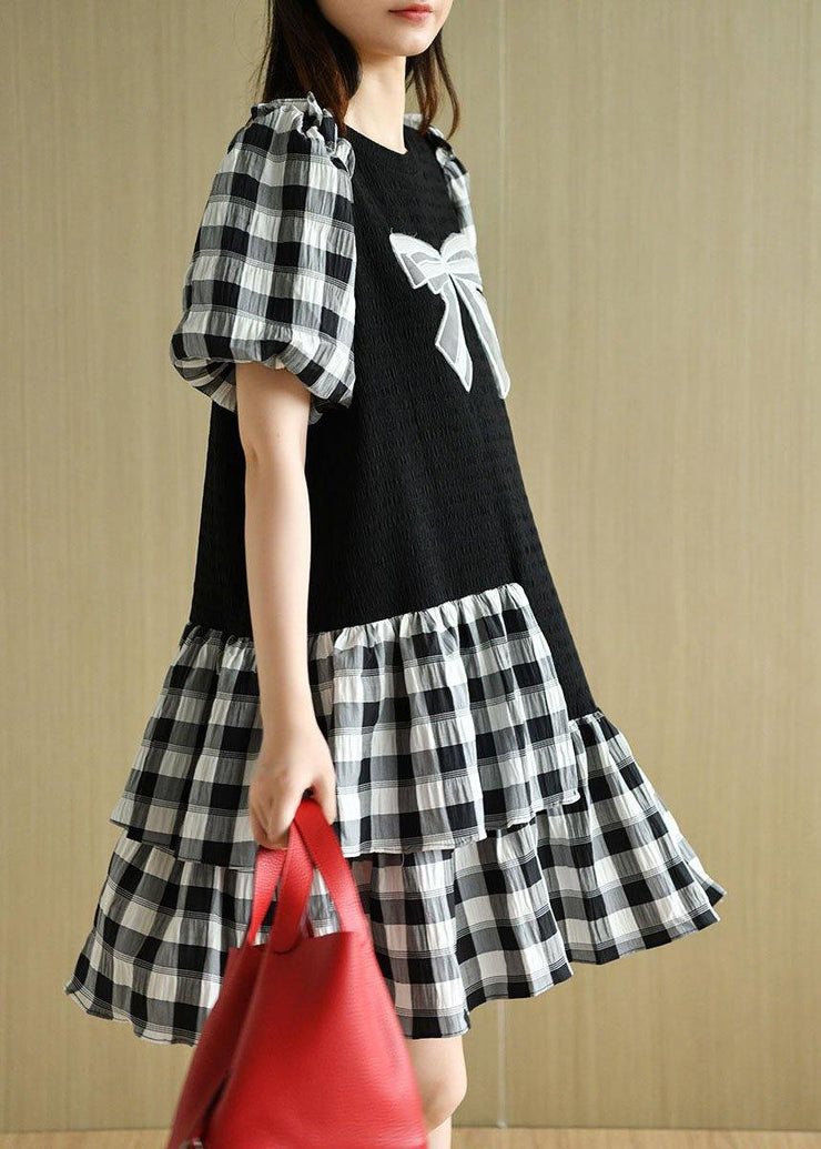 French Black Patchwork Plaid Summer Puff Sleeve Dresses - SooLinen