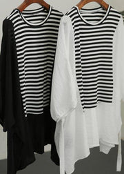 French Black Patchwork Striped Cotton Tee Summer - SooLinen