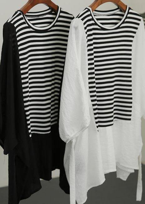 French Black Patchwork Striped Cotton Tee Summer - SooLinen