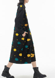 French Black Peter Pan Collar Floral Patchwork Woolen Dress Spring
