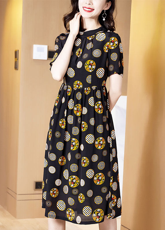 French Black Stand Collar Dot Print Silk Vacation Pleated Dresses Short Sleeve