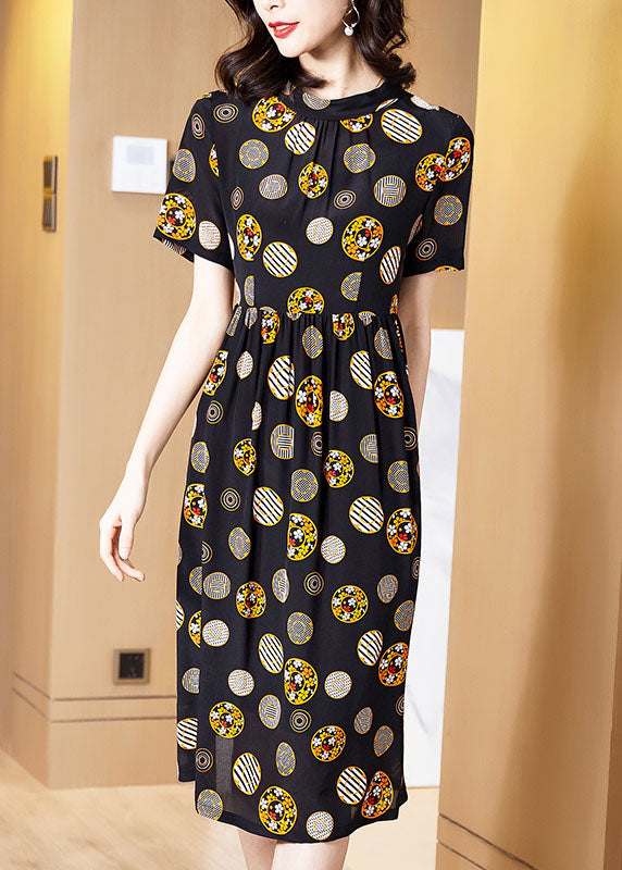 French Black Stand Collar Dot Print Silk Vacation Pleated Dresses Short Sleeve