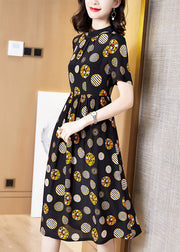 French Black Stand Collar Dot Print Silk Vacation Pleated Dresses Short Sleeve