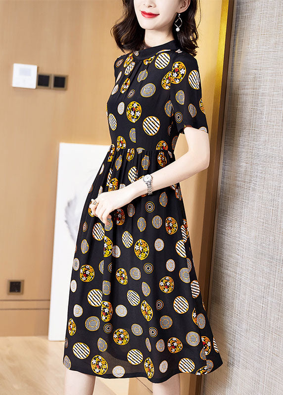 French Black Stand Collar Dot Print Silk Vacation Pleated Dresses Short Sleeve