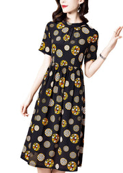 French Black Stand Collar Dot Print Silk Vacation Pleated Dresses Short Sleeve