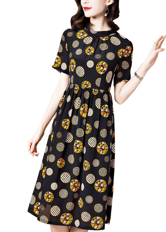 French Black Stand Collar Dot Print Silk Vacation Pleated Dresses Short Sleeve