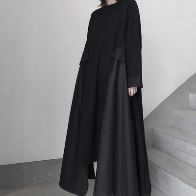 French Black Tunics O Neck Asymmetric A Line Spring Dress - SooLinen