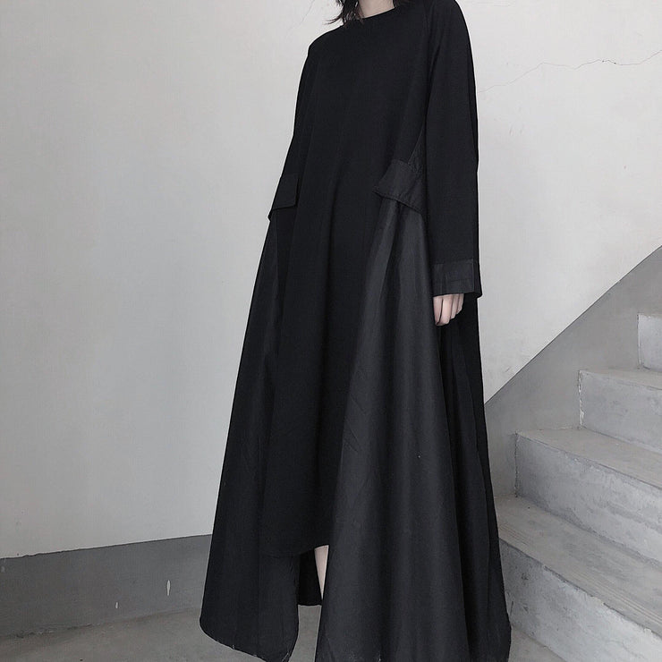 French Black Tunics O Neck Asymmetric A Line Spring Dress - SooLinen