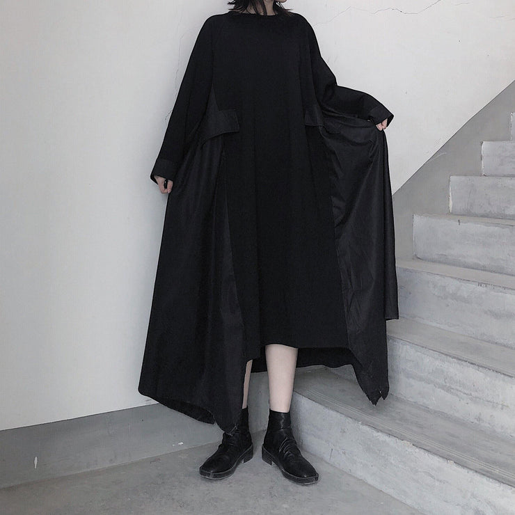 French Black Tunics O Neck Asymmetric A Line Spring Dress - SooLinen