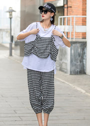 French Black White Plaid O-Neck Print Fall Two Piece Set Half Sleeve