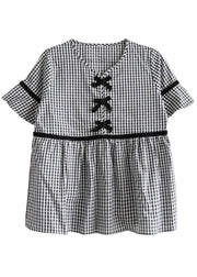French Black White Plaid V Neck Casual Summer Cotton Top Short Sleeve - SooLinen