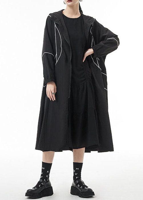 Französische schwarze Trenchcoats mit Reißverschluss und Kordelzug Frühling