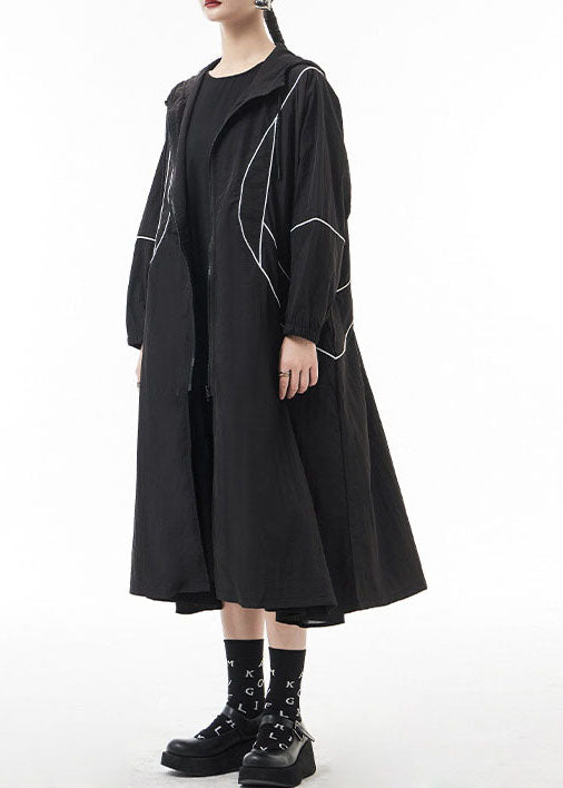 Französische schwarze Trenchcoats mit Reißverschluss und Kordelzug Frühling