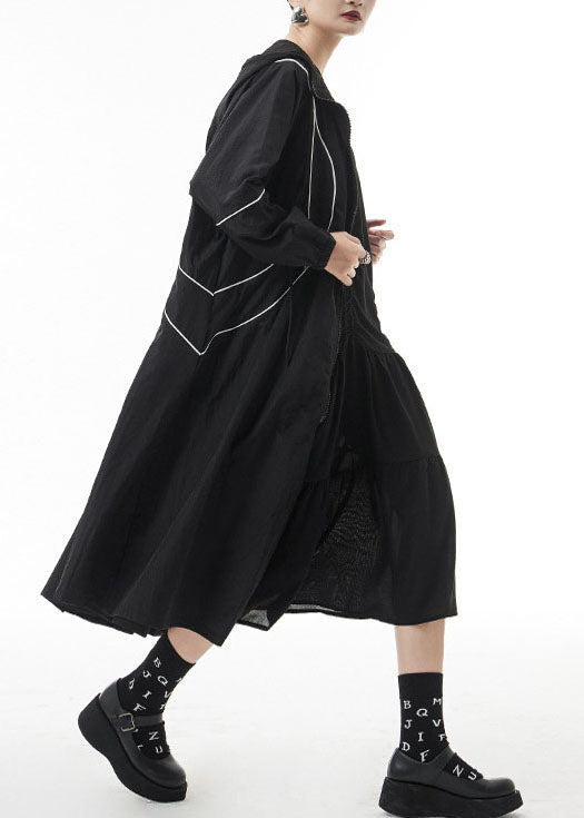 Französische schwarze Trenchcoats mit Reißverschluss und Kordelzug Frühling
