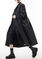 Französische schwarze Trenchcoats mit Reißverschluss und Kordelzug Frühling