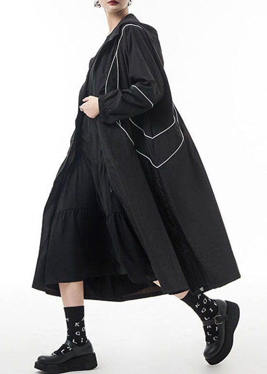 Französische schwarze Trenchcoats mit Reißverschluss und Kordelzug Frühling