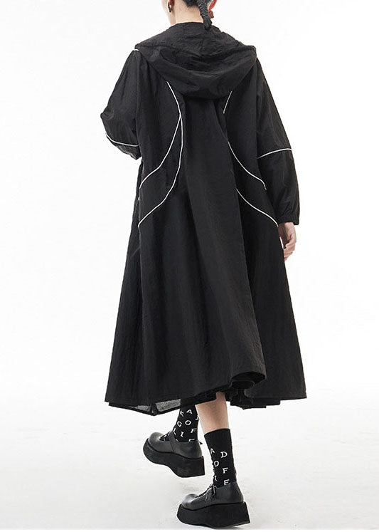 Französische schwarze Trenchcoats mit Reißverschluss und Kordelzug Frühling