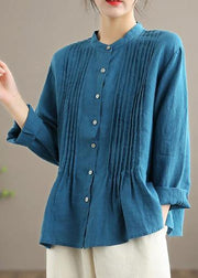 French Blue Blouse Stand Collar Cinched Art Spring Top - SooLinen