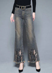French Blue High Waist Pockets Hollow Out Cotton Denim Flare Pants Summer