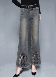 French Blue High Waist Pockets Hollow Out Cotton Denim Flare Pants Summer