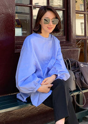 French Blue O-Neck Button Side Open Baumwollhemden Laternenärmel