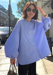 French Blue O-Neck Button Side Open Baumwollhemden Laternenärmel