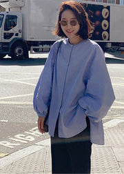 French Blue O-Neck Button Side Open Baumwollhemden Laternenärmel